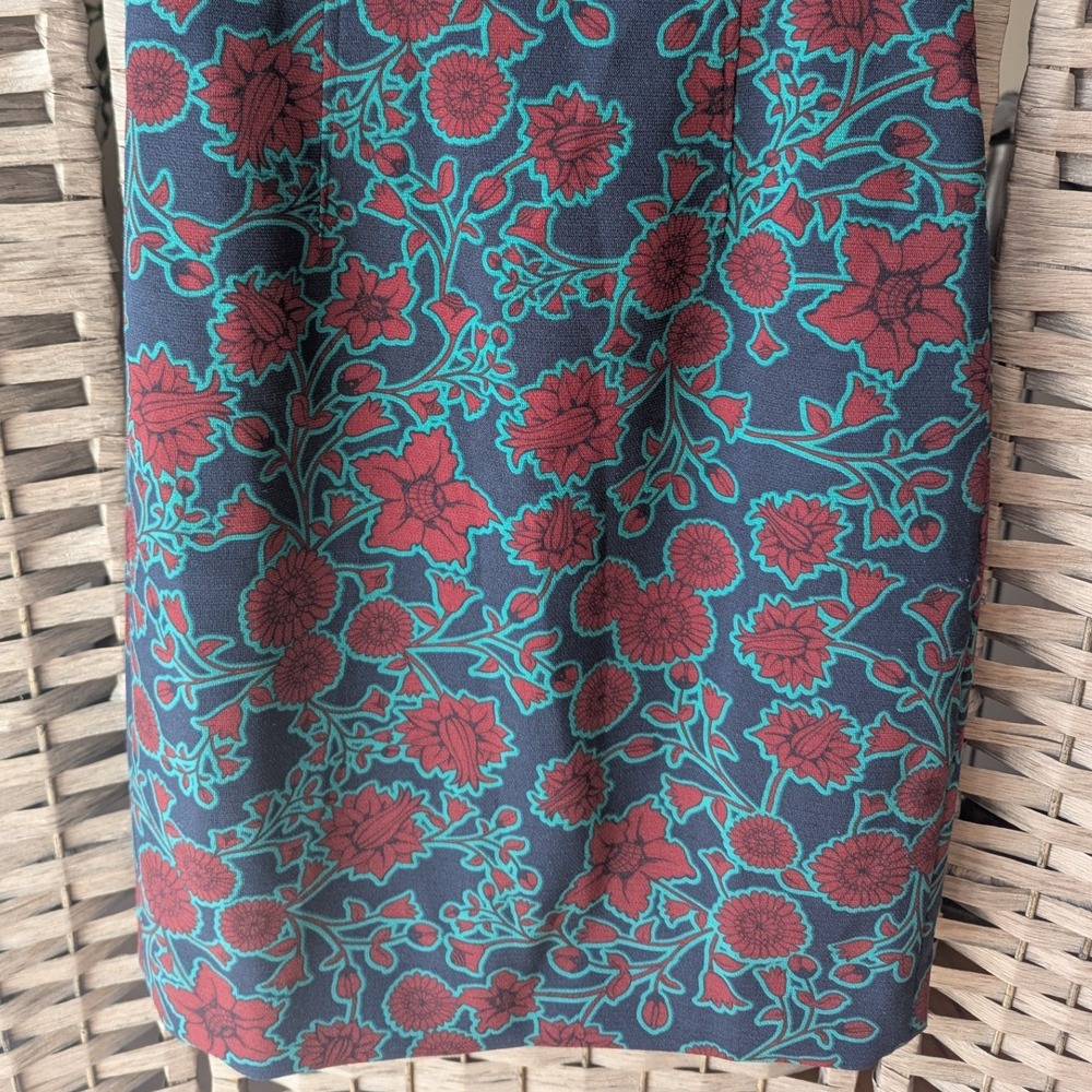 J.Crew Sheath Dress Blue Teal Burgundy Floral Print Short Sleeve Sz 0 Mod Retro‎ - Picture 3 of 11
